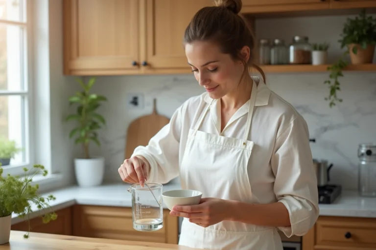 Femme versant 25 cl de liquide dans un bol en céramique avec un verre doseur gradué sur un plan de travail en bois