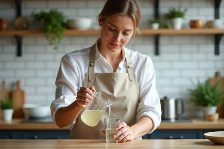 Femme en tablier de lin versant du liquide dans un verre doseur gradué en centilitres sur un plan de travail en bois pour une recette de cuisine