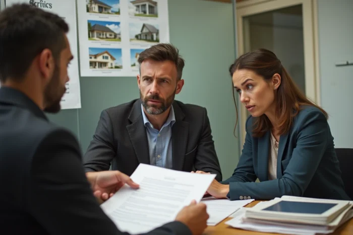 Couple discutant d'un contrat de location avec un agent immobilier dans une agence parisienne