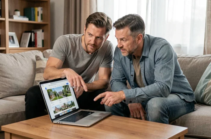 Couple analysant et comparant des annonces immobilières ensemble sur un ordinateur portable dans un salon contemporain