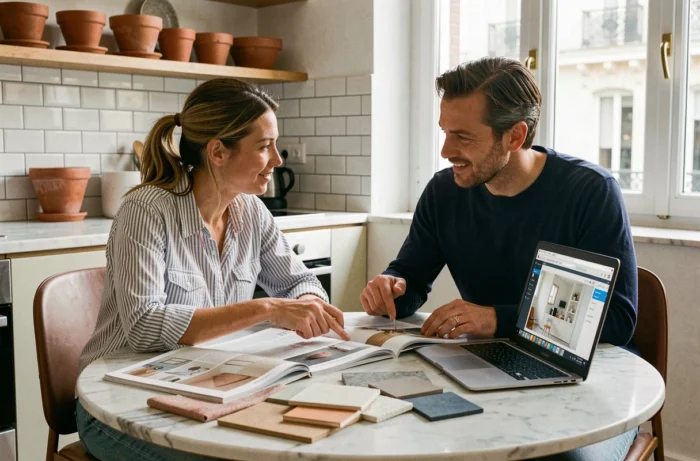 Couple discutant du choix d'équipements et matériaux de décoration intérieure autour d'une table dans une cuisine moderne
