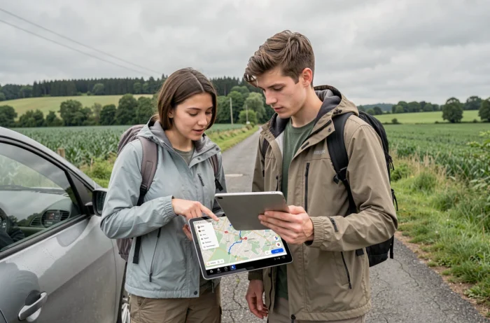 Couple comparant des itinéraires sur tablette via ViaMichelin, Waze et Google Maps lors d'un arrêt en route à la campagne