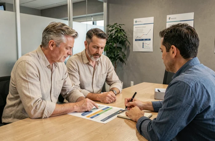 Couple consultant un conseiller bancaire pour comparer des offres de crédit immobilier dans une agence moderne