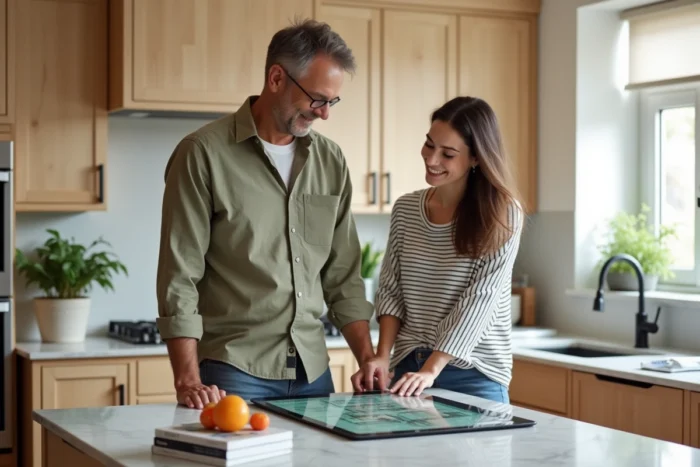 Couple consultant un plan immobilier interactif sur tablette dans une cuisine moderne