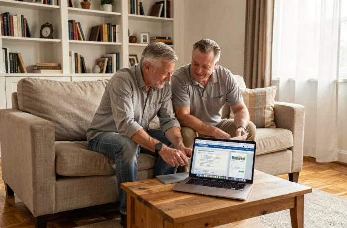 Couple gérant ensemble leurs documents immobiliers en ligne sur un ordinateur portable dans un salon