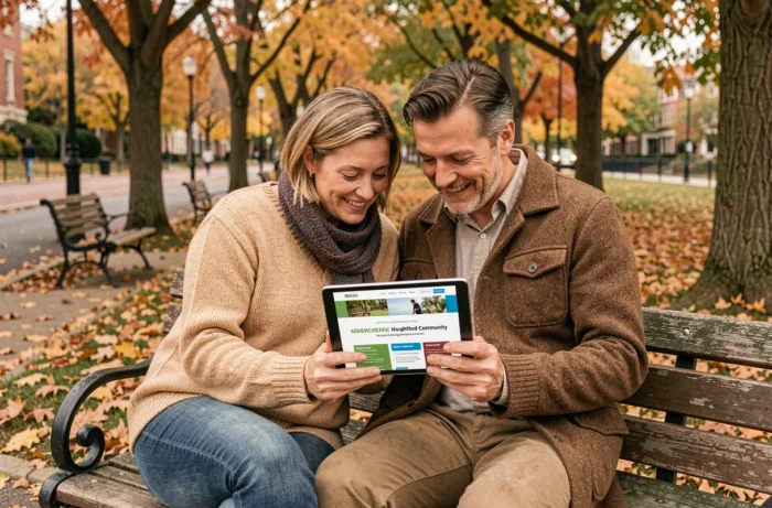 Couple consultant le site Infolocale sur une tablette dans un parc urbain en automne pour explorer les informations locales