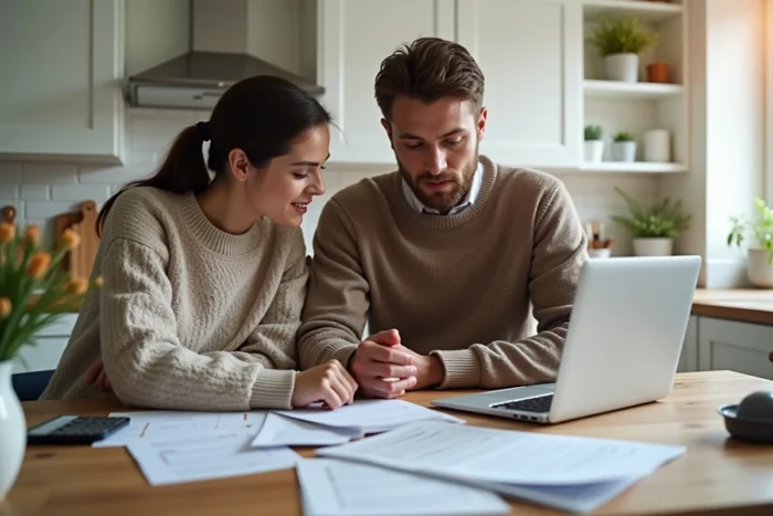 Couple à la maison étudiant ensemble leurs options de crédit personnel