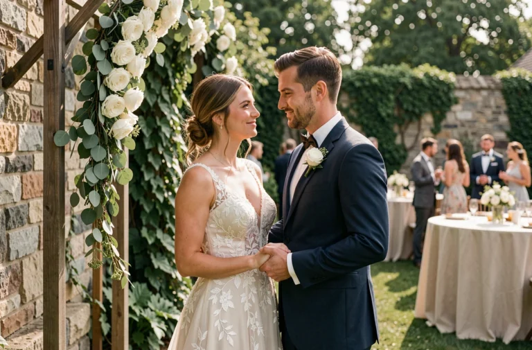 Couple de mariés se tenant la main devant un arche fleurie dans un jardin rustique lors de leur mariage en plein air
