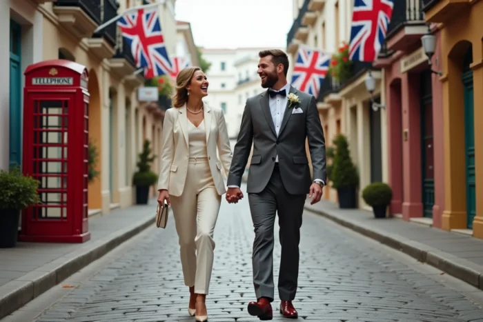 Couple de jeunes mariés marchant et riant sur la Main Street de Gibraltar après leur mariage civil avec les drapeaux de Gibraltar et des cabines téléphoniques rouges britanniques en arrière-plan