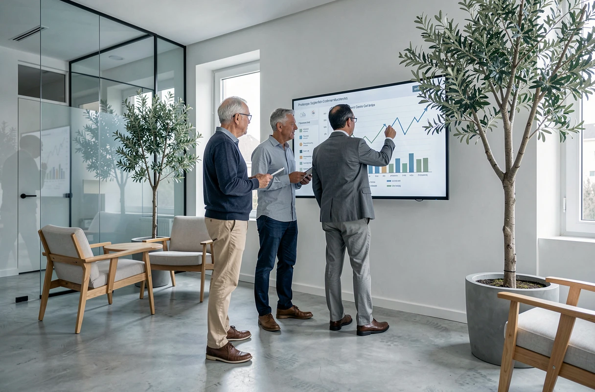 Couple consultant un tableau de planification financière sur écran interactif dans un espace de banque privée contemporain
