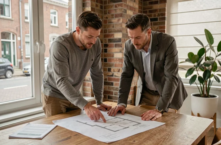 Couple belge en train d'examiner des plans immobiliers et des documents de propriété sur une table en bois dans un appartement moderne à Bruxelles
