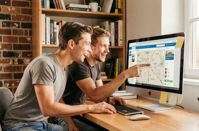 Couple recherchant un bien immobilier ensemble sur un ordinateur de bureau dans un bureau à domicile