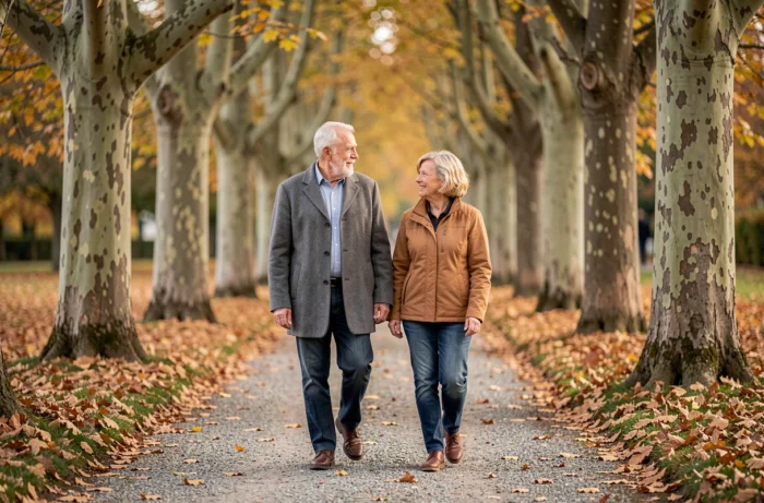 Couple de retraités se promenant dans un parc en automne, symbolisant une retraite sereine et bien préparée