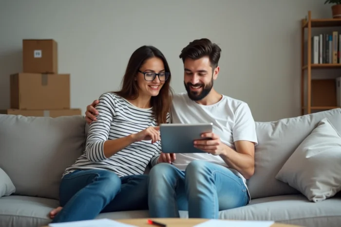 Jeune couple consultant une tablette pour suivre leur demande de logement social via le portail Syplo depuis leur appartement