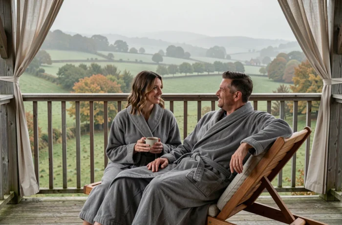 Couple en robes de spa profitant d'une vue sur la campagne normande depuis la terrasse d'un hôtel bien-être