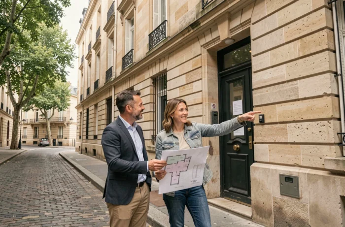 Couple visitant un bien immobilier dans une rue pittoresque de Lyon pour un projet d'investissement