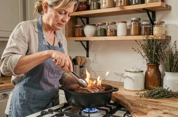 Femme faisant revenir un rond de veine dans une cocotte en fonte sur une cuisinière de cuisine familiale