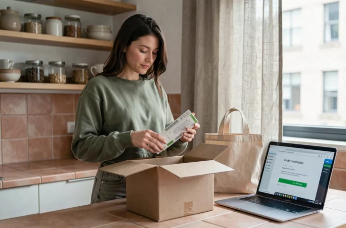 Jeune femme déballant une commande de produits beauté reçue à domicile avec un ordinateur affichant une confirmation d'achat en ligne