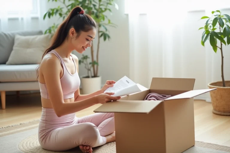 Femme déballant une commande Halara avec des vêtements de sport dans un carton de livraison