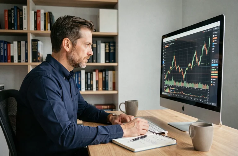Homme analysant des graphiques boursiers sur un écran d'ordinateur dans un bureau à domicile moderne
