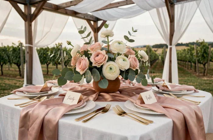 Décoration de table de mariage élégante avec fleurs, vaisselle dorée et calligraphie sous une pergola en vignoble