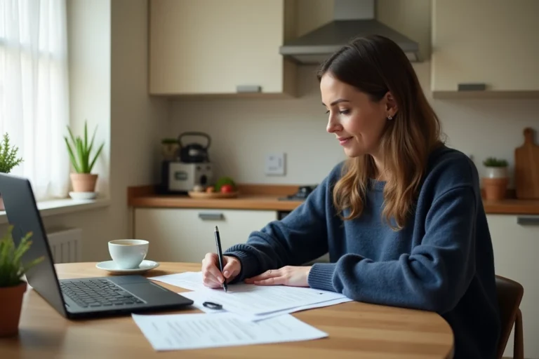 Femme remplissant un dossier de demande de logement social à la maison avec un ordinateur portable affichant le portail Syplo