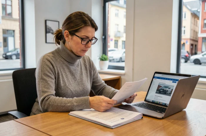 Femme consultant des documents administratifs pour l'importation d'un véhicule étranger depuis la Norvège