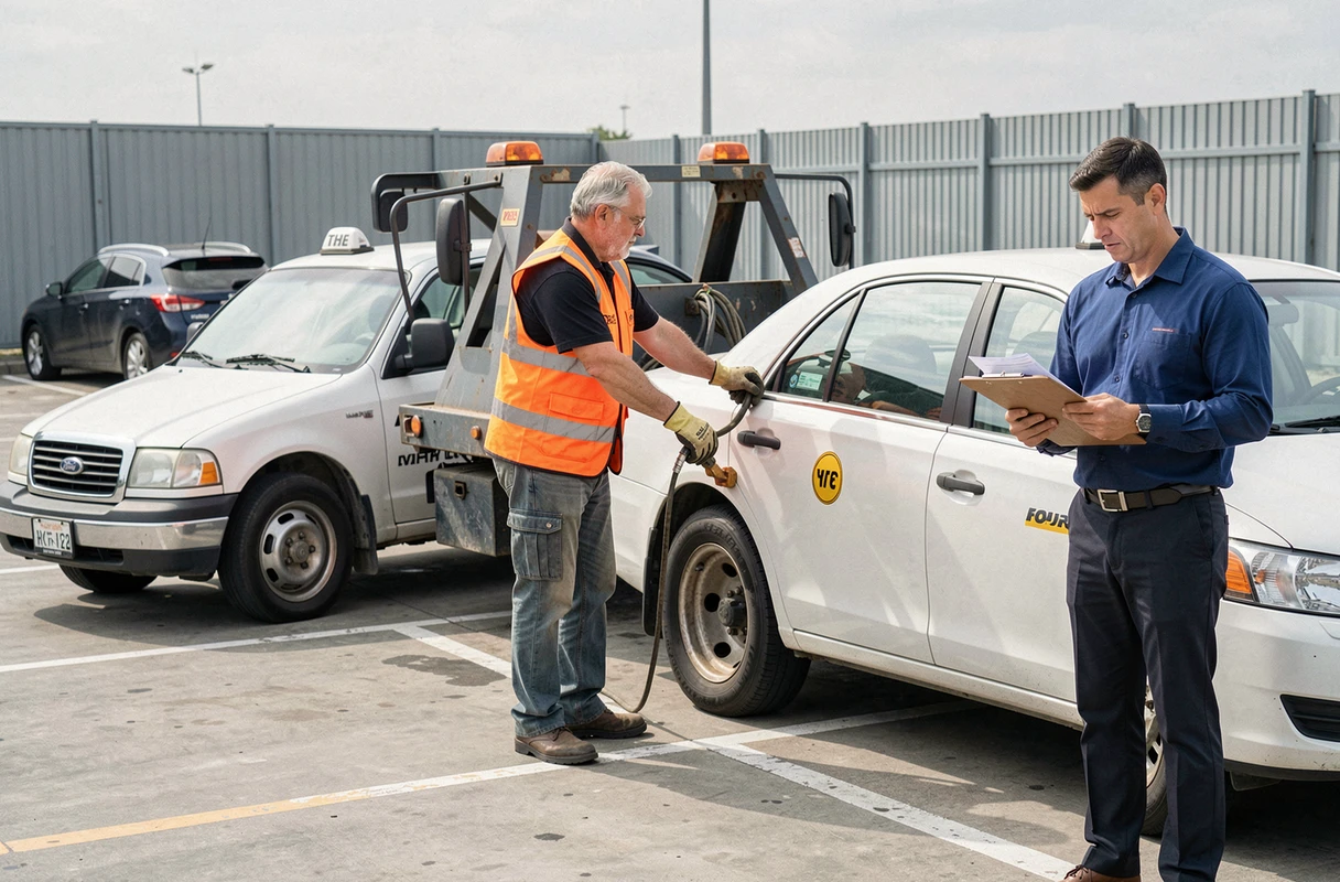 Dépanneuse prenant en charge un taxi en panne dans un parking, chauffeur consultant des documents