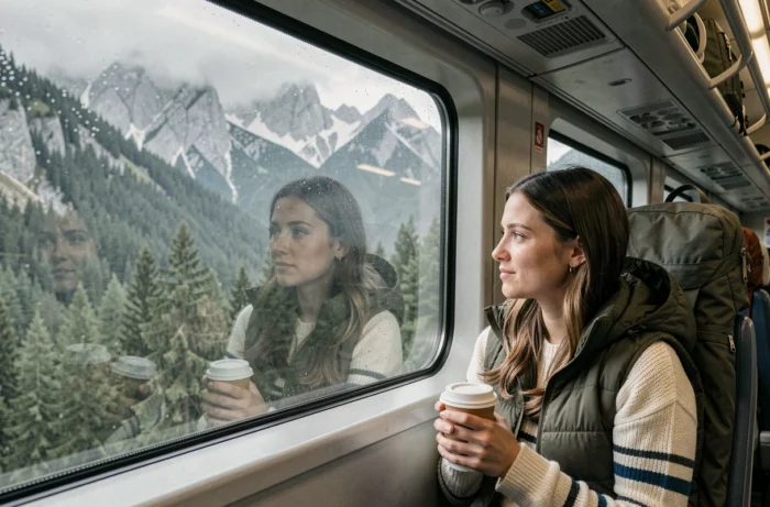 Deux femmes regardant par la fenêtre d'un train face à un paysage alpin montagneux sous les nuages
