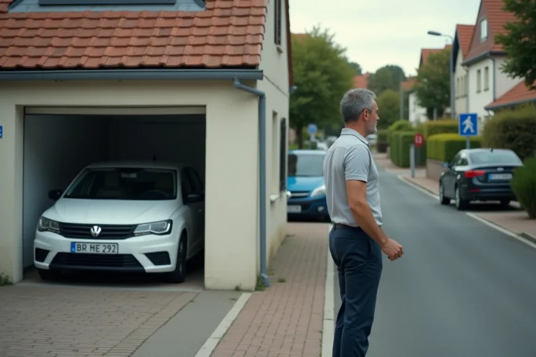 Conducteur respectant la distance réglementaire en sortie de garage résidentiel avant de s'engager sur la voie publique