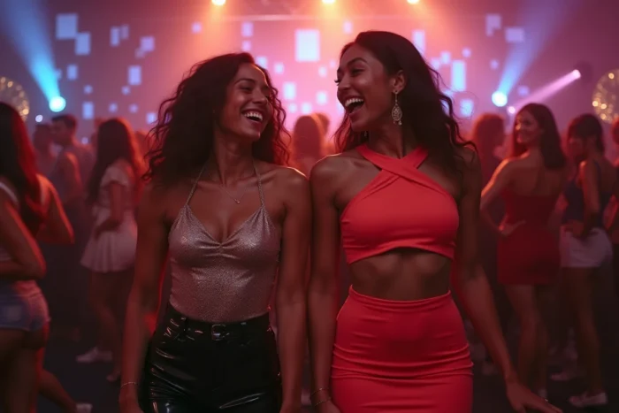 Deux jeunes femmes dansant en tenues clubwear tendance sur une piste de danse, style festif et moderne