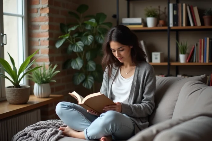 Femme détendue lisant un livre sur un canapé dans un appartement parisien moderne, atmosphère familiale intime