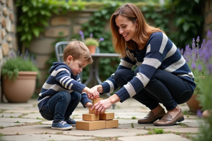 Femme en pull breton jouant avec un enfant dans un jardin de campagne française en plein air
