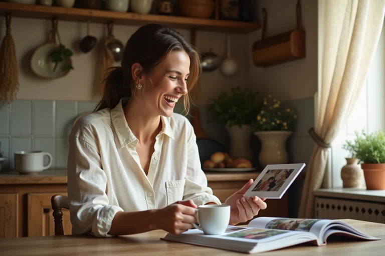 Femme souriante en blouse de lin feuilletant un album photo de famille dans une cuisine rustique française