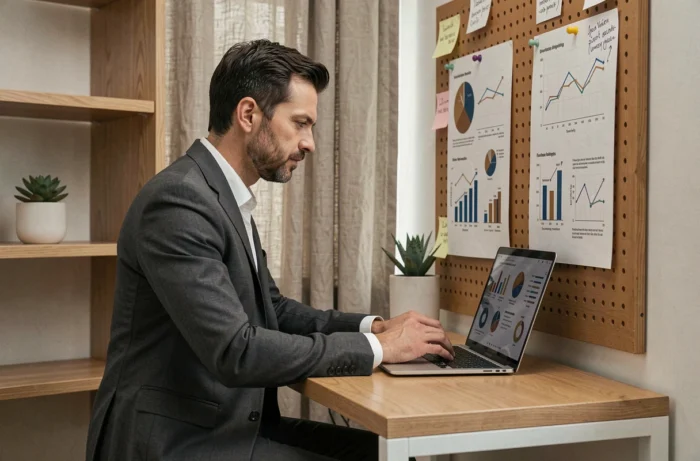 Entrepreneur concentré travaillant sur les nouvelles tendances business depuis son bureau à domicile en 2024