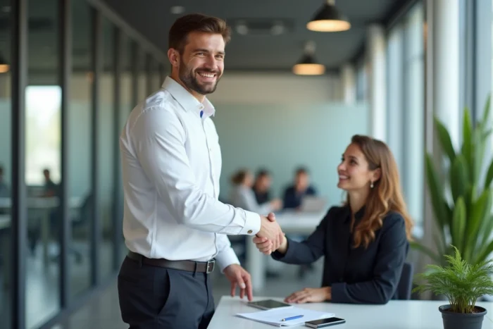 Candidat serrant la main d'un recruteur lors d'un entretien d'embauche en entreprise