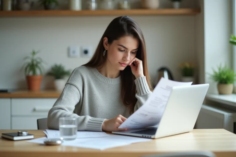 Jeune femme dans la trentaine consultant ses documents d'épargne sur un ordinateur portable dans une cuisine moderne
