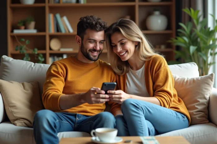 Jeune couple dans la vingtaine consultant une application d'épargne sur smartphone dans leur salon