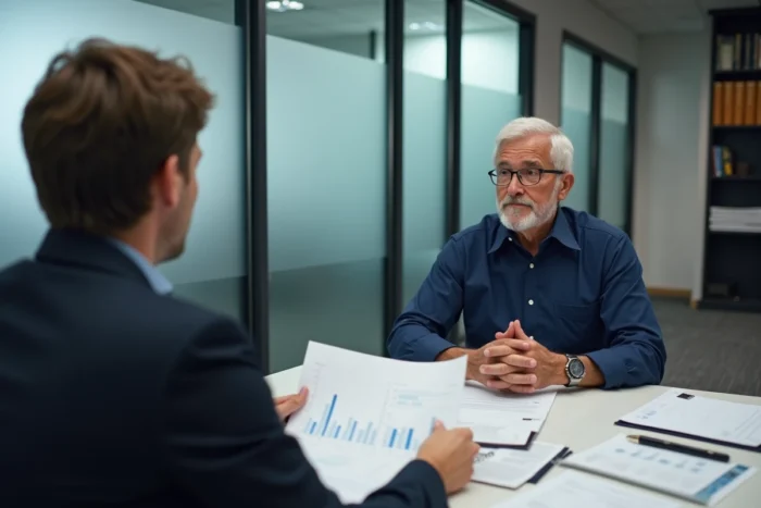 Homme d'une cinquantaine d'années en rendez-vous avec un conseiller financier pour planifier son épargne retraite