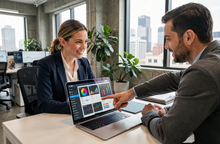 Équipe d'une agence web analysant des tableaux de bord de visibilité en ligne et stratégie de communication digitale