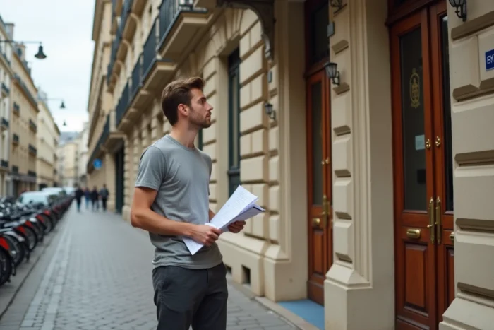 Étudiant visitant un immeuble parisien lors d'une recherche d'appartement étudiant