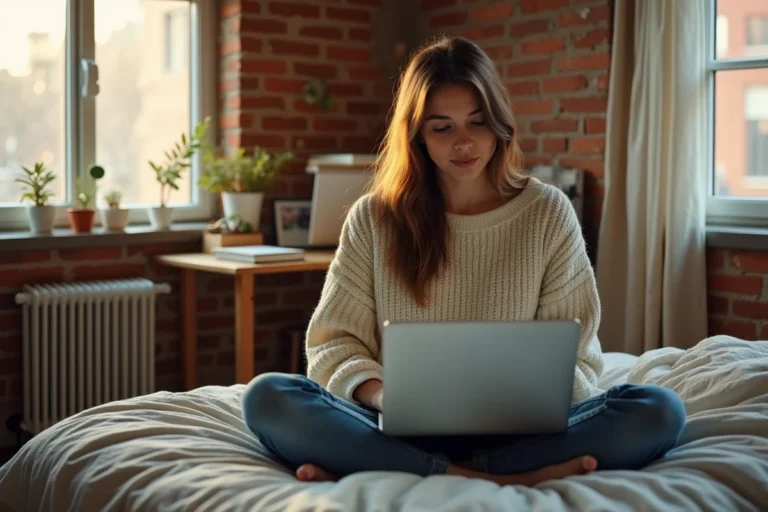 Étudiante cherchant un logement étudiant sur LocService depuis son appartement