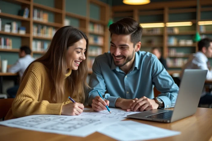 Deux étudiants comparant des annonces de logement étudiant sur un ordinateur portable en bibliothèque