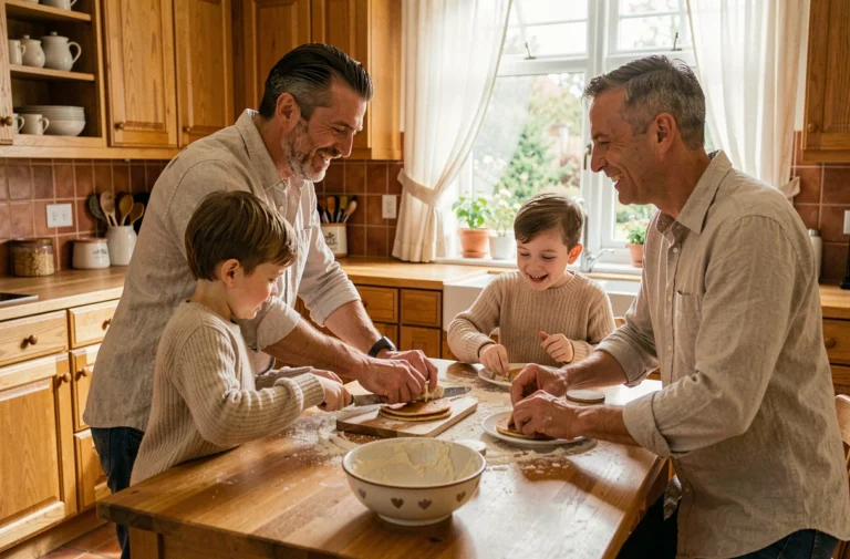 Famille épanouie préparant des crêpes ensemble dans une cuisine en bois chaleureuse le matin