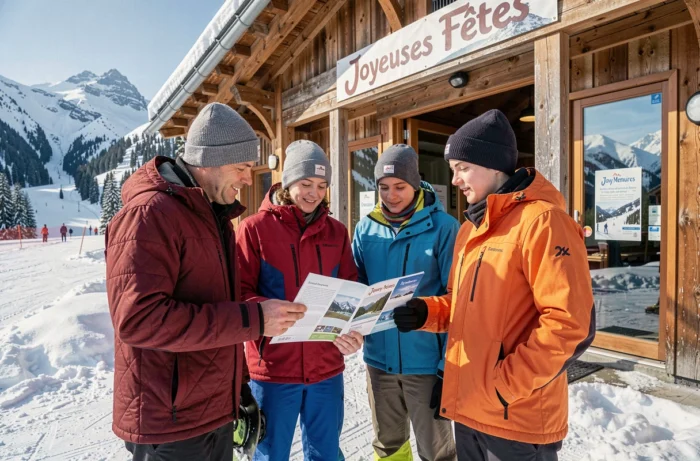 Famille consultant une brochure de séjour ski devant un chalet des Menuires décoré pour les fêtes de fin d'année