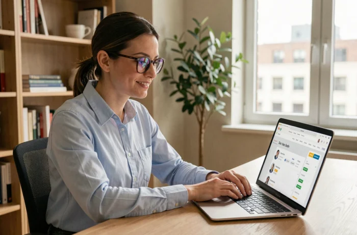 Femme professionnelle s'abonnant à des offres d'emploi sur son ordinateur portable dans un bureau à domicile moderne