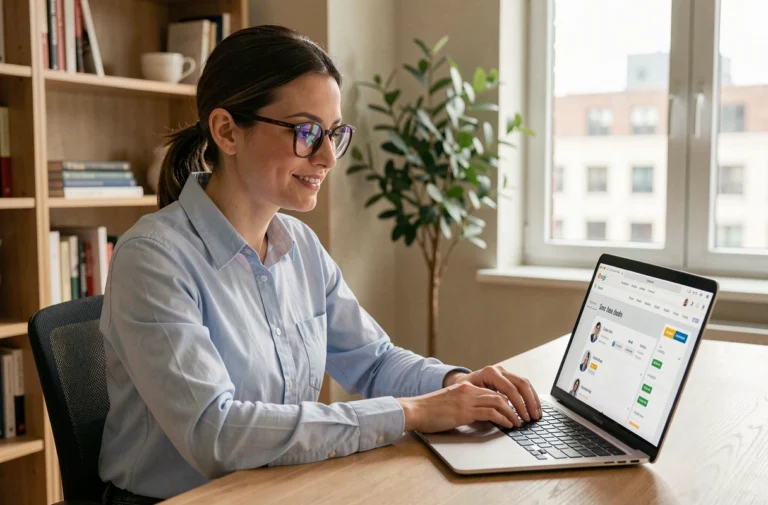 Femme professionnelle s'abonnant à des offres d'emploi sur son ordinateur portable dans un bureau à domicile moderne