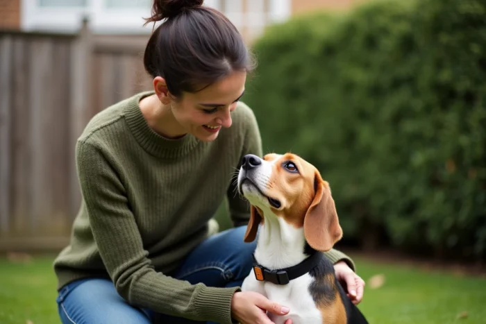 Femme ajustant un collier anti-aboiement sur son beagle dans un jardin résidentiel