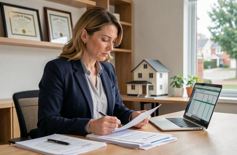 Femme en blazer navy analysant des documents de crédit immobilier à son bureau avec un ordinateur portable et un modèle de maison miniature