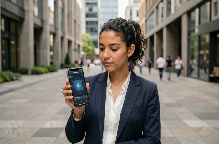 Femme utilisant une application de localisation précise sur smartphone en environnement urbain connecté